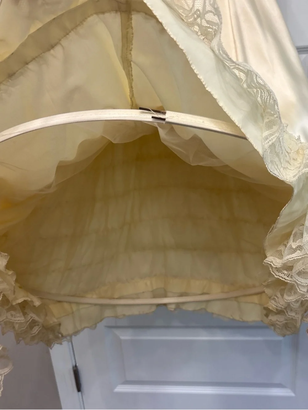 Vintage Victorian Girls Ivory Satin Lace Ruffled Dress with Burgundy Ribbon